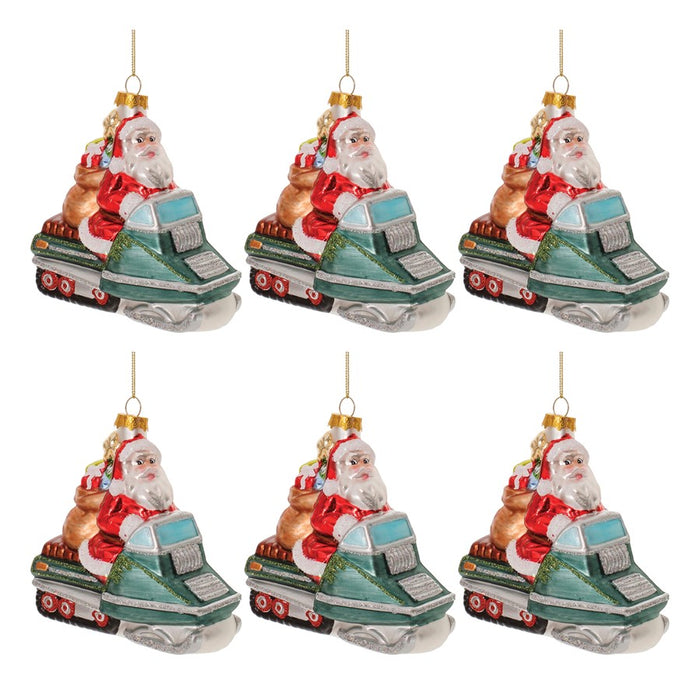 Melrose Glass Snowmobile Santa Ornament, Set of 6, Red/Blue