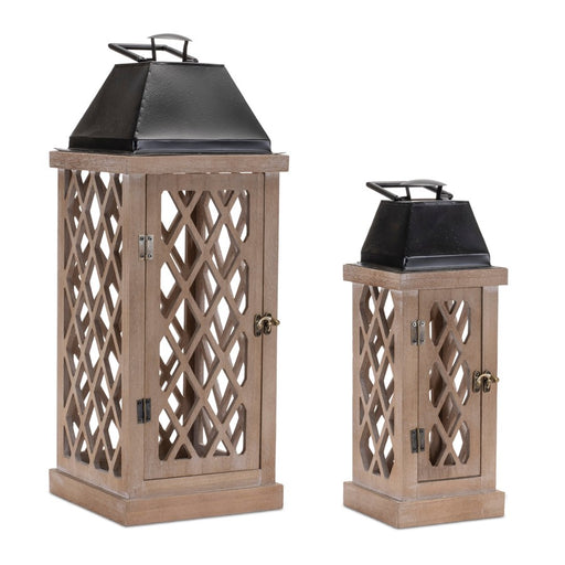 Melrose Lattice Wood Lantern/Metal Lid, Set of 2, Brown/Black - 92007DS
