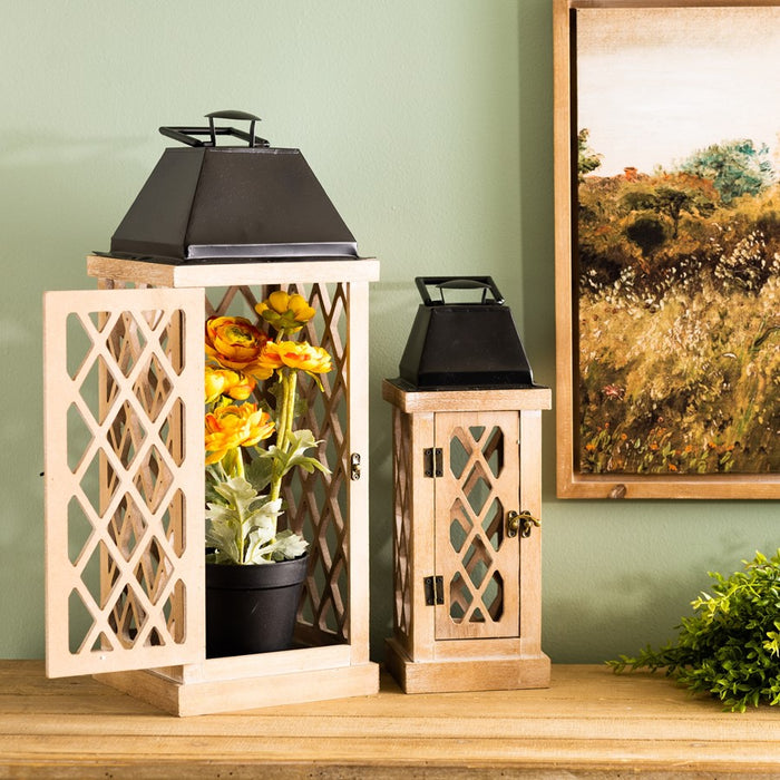 Melrose Lattice Wood Lantern/Metal Lid, Set of 2, Brown/Black
