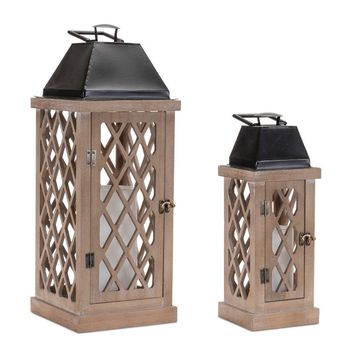 Melrose Lattice Wood Lantern/Metal Lid, Set of 2, Brown/Black