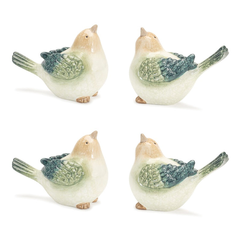 Melrose Terra Cotta Bird Figurine (Set of 4), Beige/Blue/Green
