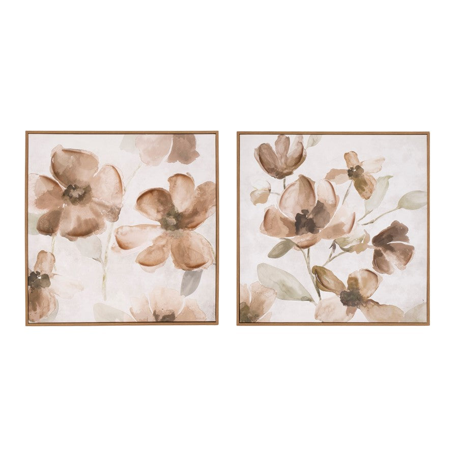 Melrose International Wood Floral Block Plaque, Set of 2, White/Brown - 92077DS