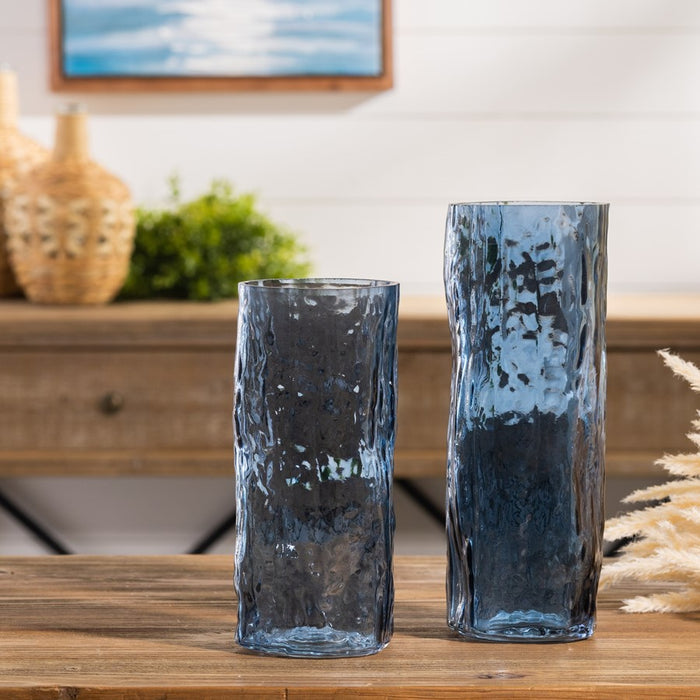 Melrose International Blue Wavy Glass Vase, Set of 2, Blue