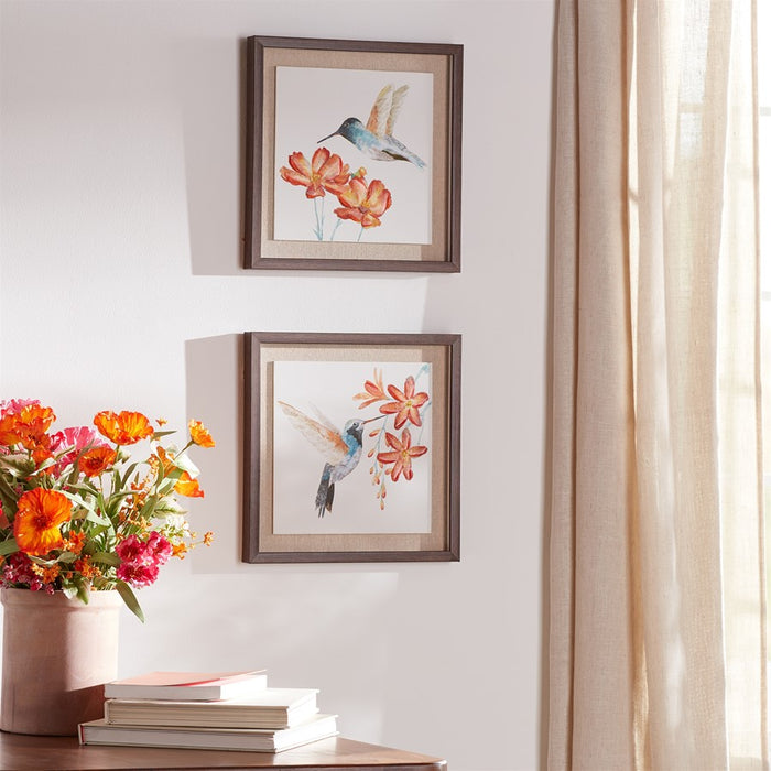 Melrose Framed Hummingbird Floral Print, Set of 2, White/Green/Blue