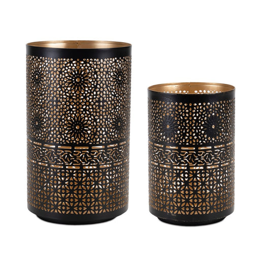 Melrose Mandala Punched Metal Candle Holder, Set of 2, Black/Gold - 92219DS