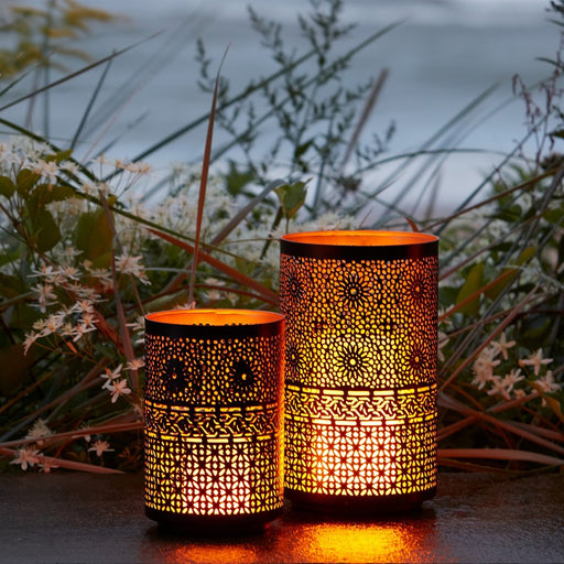 Melrose Mandala Punched Metal Candle Holder, Set of 2, Black/Gold