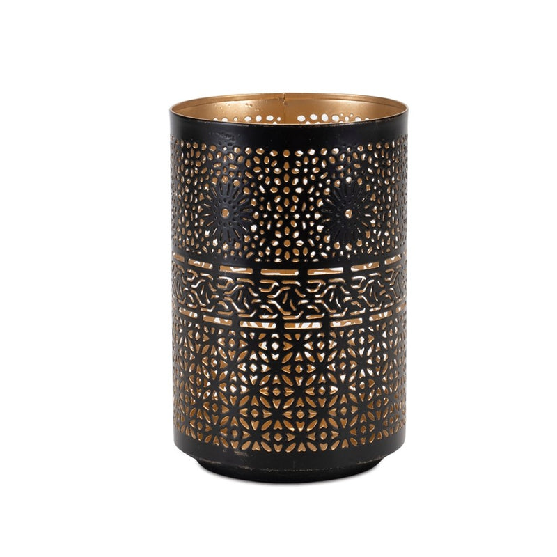 Melrose Mandala Punched Metal Candle Holder, Set of 2, Black/Gold