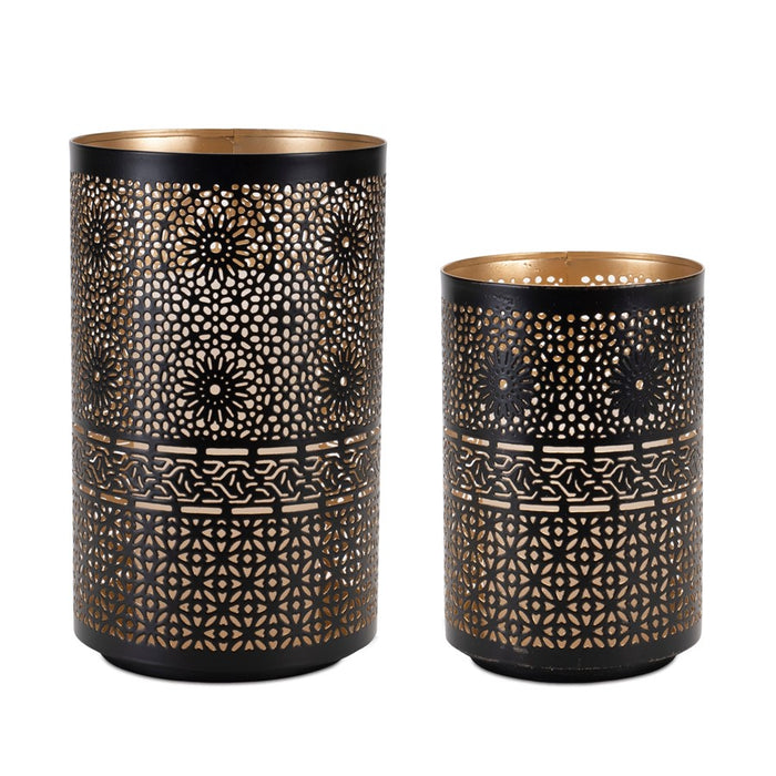 Melrose Mandala Punched Metal Candle Holder, Set of 2, Black/Gold
