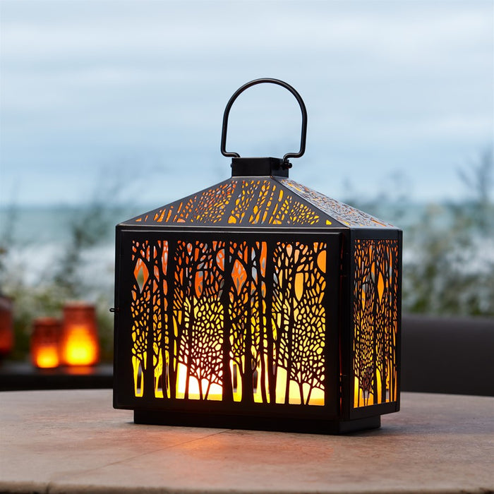 Melrose Forest Cut Metal Lantern/Gold Accent 12"H, Black/Gold