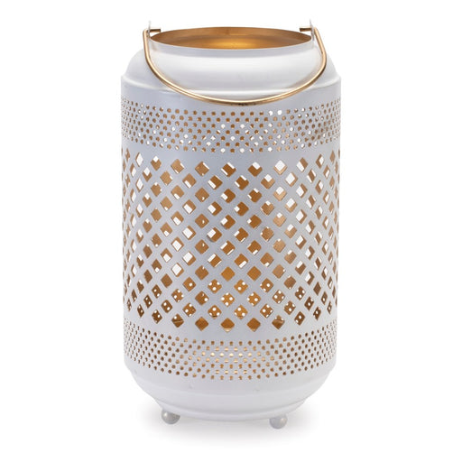 Melrose Lattice Punched Metal Lantern/Gold Accent 13.75"H, White/Gold - 92221DS