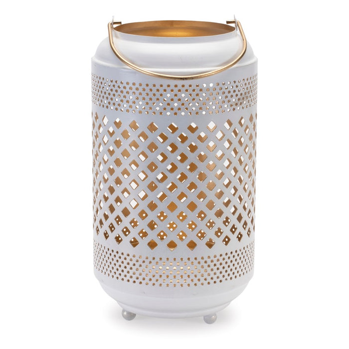 Melrose Lattice Punched Metal Lantern/Gold Accent 13.75"H, White/Gold - 92221DS