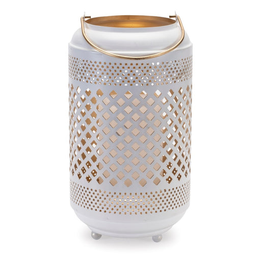Melrose Lattice Punched Metal Lantern/Gold Accent 13.75"H, White/Gold
