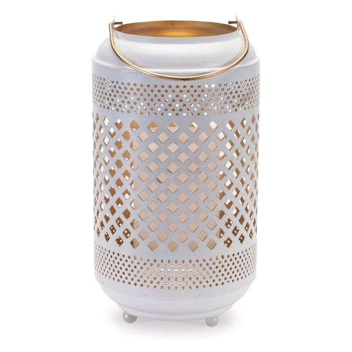Melrose Lattice Punched Metal Lantern/Gold Accent 13.75"H, White/Gold