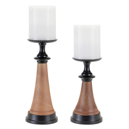 Melrose Tapered Wood/Metal Candle Holder, Set of 2, Brown/Black