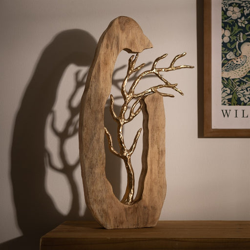 Melrose Mango Wood/Metal Tree Disc Sculpture 20"H, Brown/Gold