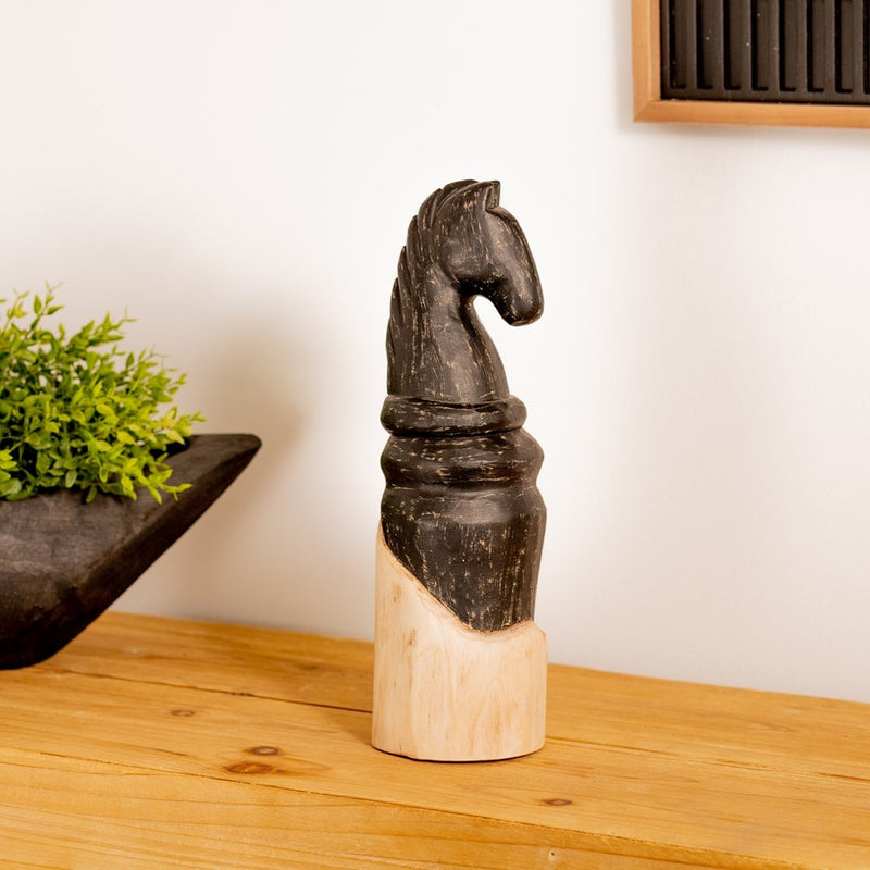 Melrose Mango Wood Knight Chess Piece Sculpture, Set of 2, Black/Beige