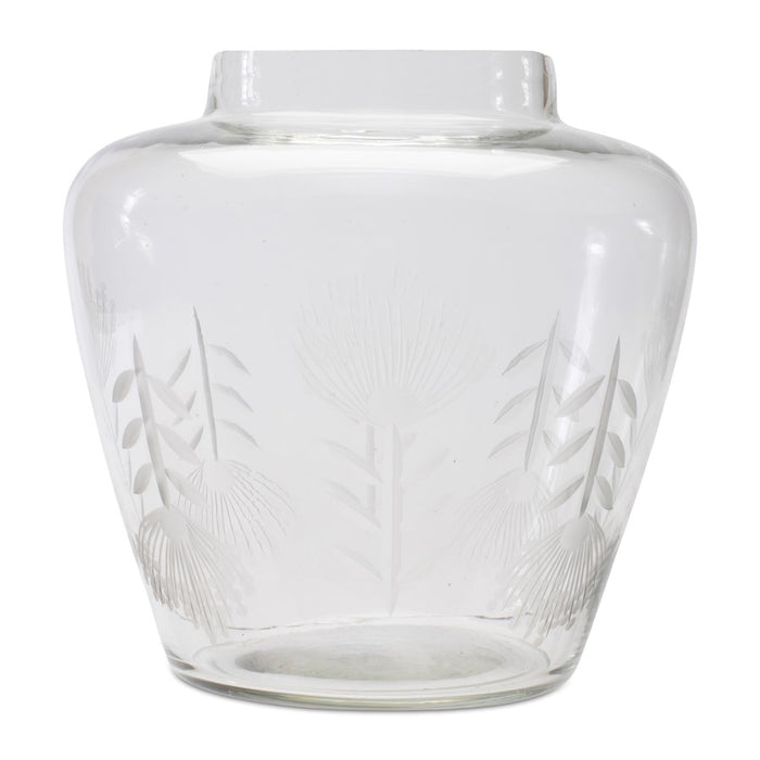 Melrose International Etched Soda Lime Glass Urn Vase 6.5"D, Grey - 92288DS