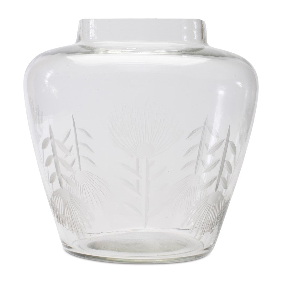 Melrose International Etched Soda Lime Glass Urn Vase 6.5"D, Grey - 92288DS