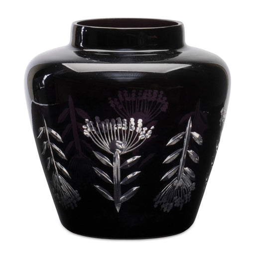 Melrose International Etched Soda Lime Glass Urn Vase 6.5"D, Black - 92289DS