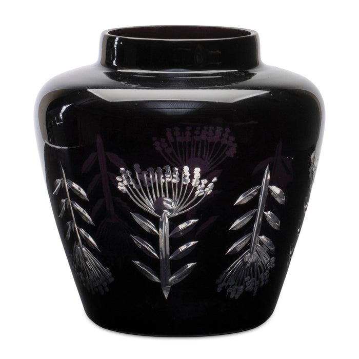 Melrose International Etched Soda Lime Glass Urn Vase 6.5"D, Black - 92289DS