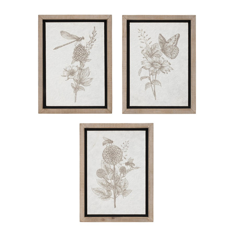 Melrose Int. Framed Floral Insect Print, Set of 3, Beige/White - 92301DS