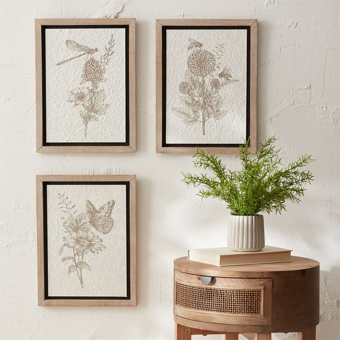 Melrose Int. Framed Floral Insect Print, Set of 3, Beige/White