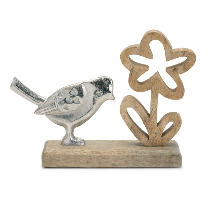 Melrose Metal Bird/Flower on Wood Base, Set of 2, Brown/Silver - 92326DS