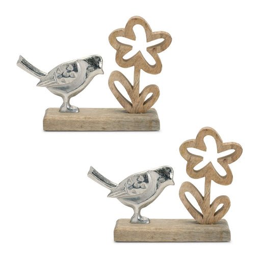Melrose Metal Bird/Flower on Wood Base, Set of 2, Brown/Silver