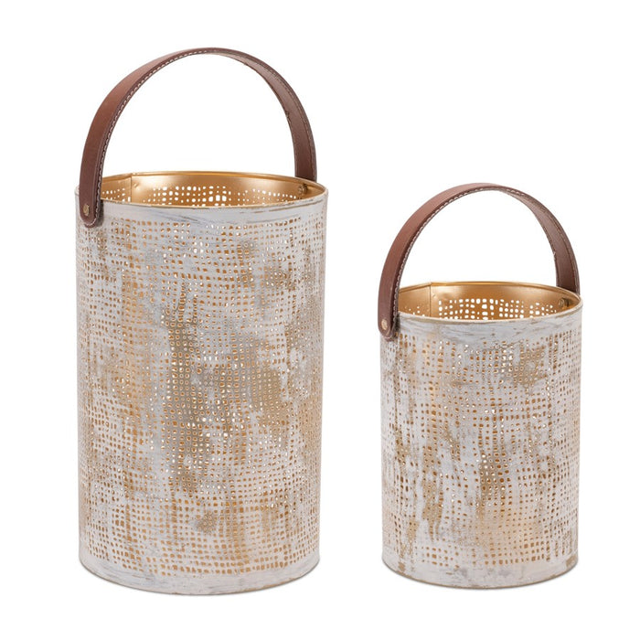Melrose Abstract Cut Metal Candle Lantern, Set of 2, White/Gold - 92327DS