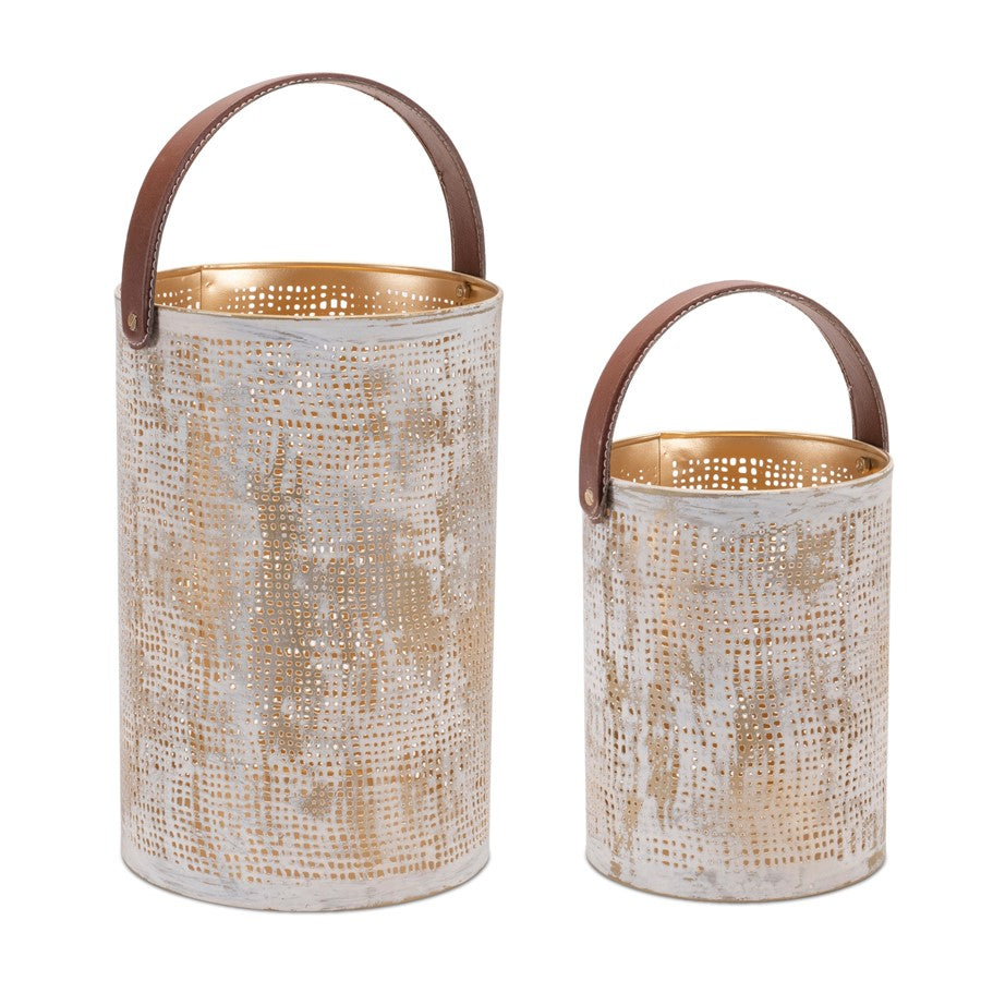 Melrose Abstract Cut Metal Candle Lantern, Set of 2, White/Gold - 92327DS