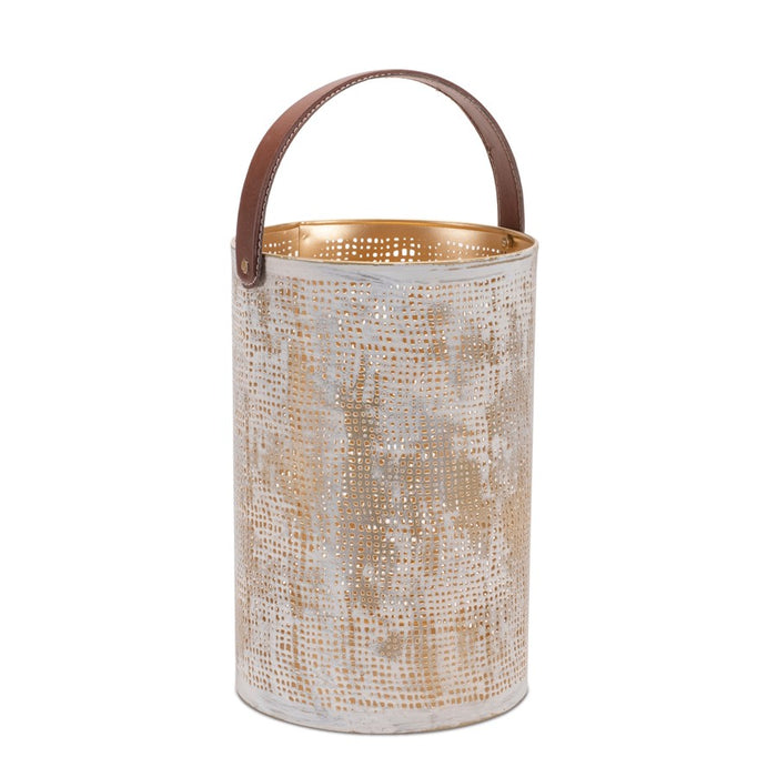 Melrose Abstract Cut Metal Candle Lantern, Set of 2, White/Gold