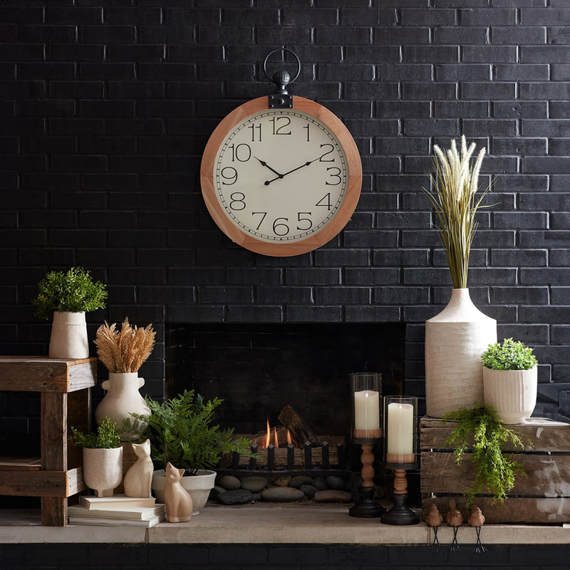 Melrose Round Wood Wall Clock Under Glass 23.75"D, Brown/White/Black
