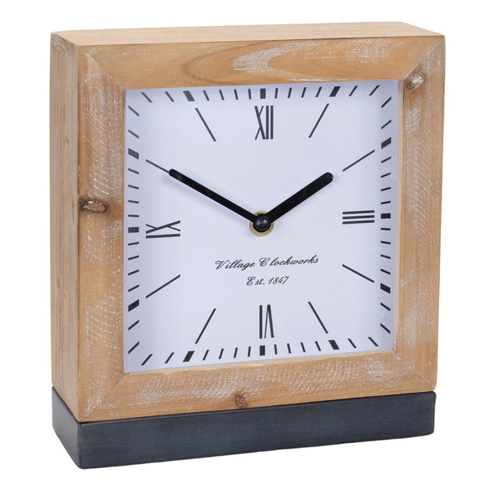 Melrose Square Fir Wood Clock Under Glass 9"H, Brown/Grey/White