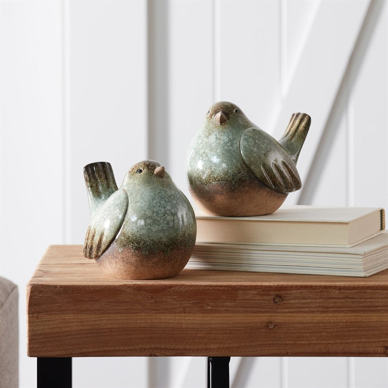 Melrose Ceramic Bird Figurines/Unglazed Accents/Set of 4, Green/Brown