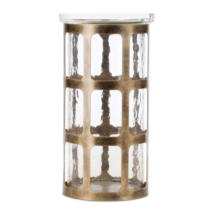 Melrose Wavy Glass Candle Holder/Distressed Metal Frame 10"H, Gold - 92427DS