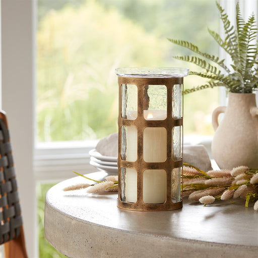 Melrose Wavy Glass Candle Holder/Distressed Metal Frame 10"H, Gold