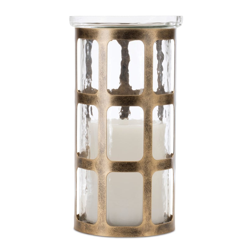 Melrose Wavy Glass Candle Holder/Distressed Metal Frame 10"H, Gold