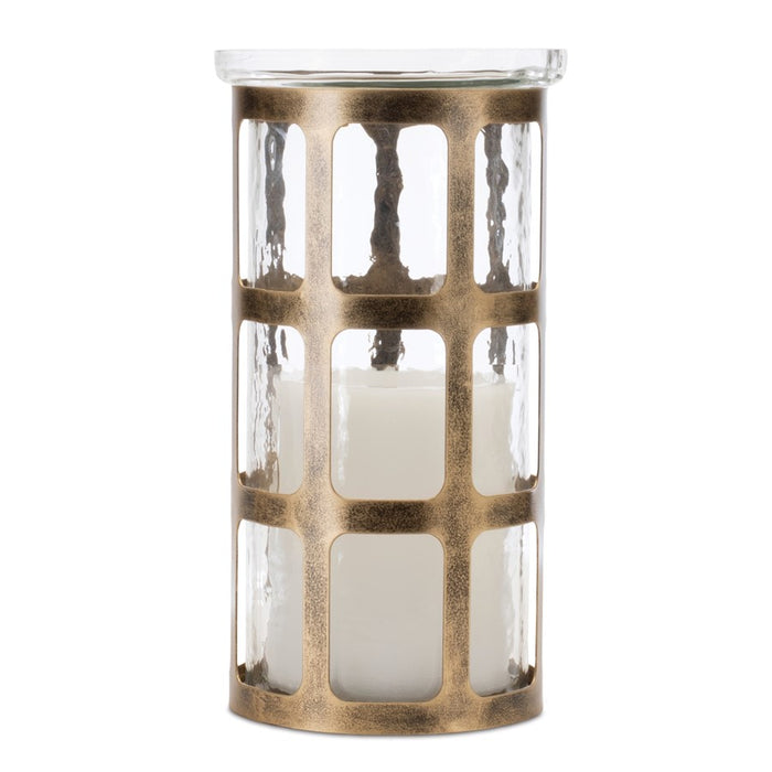 Melrose Wavy Glass Candle Holder/Distressed Metal Frame 10"H, Gold