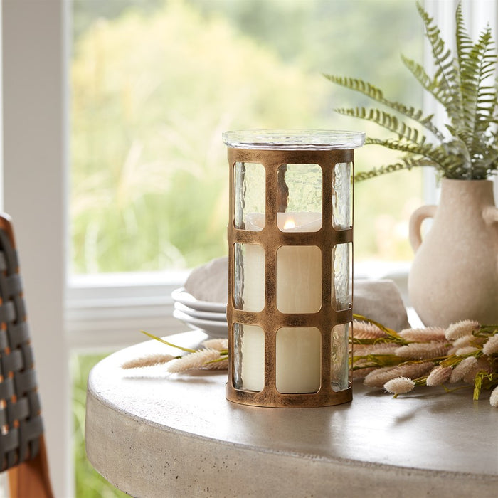 Melrose Wavy Glass Candle Holder/Distressed Metal Frame 10"H, Gold