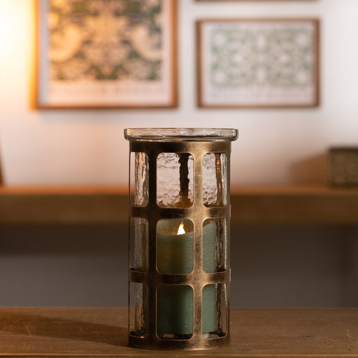 Melrose Wavy Glass Candle Holder/Distressed Metal Frame 10"H, Gold