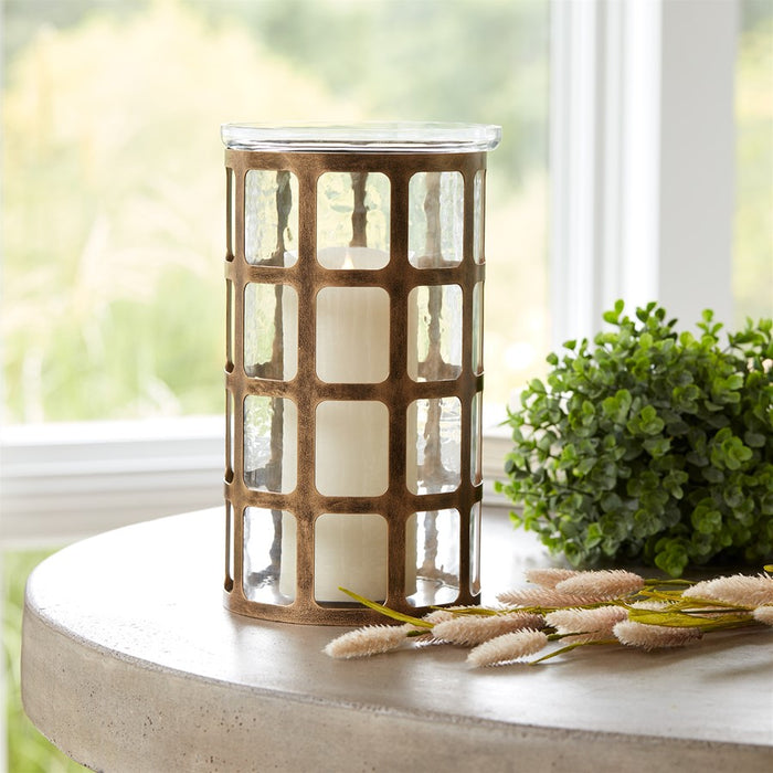 Melrose Wavy Glass Candle Holder/Distressed Metal Frame 12.25"H, Gold