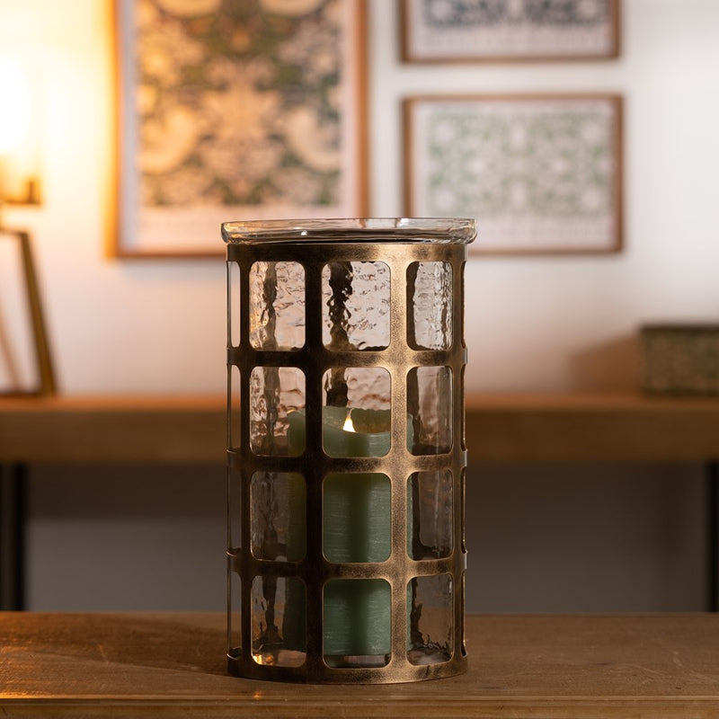 Melrose Wavy Glass Candle Holder/Distressed Metal Frame 12.25"H, Gold