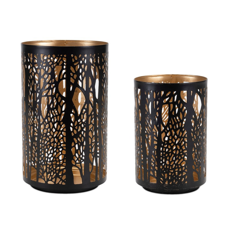 Melrose Forest Trees Punched Metal Candle Holder, Set of 2, Black/Gold - 92437DS