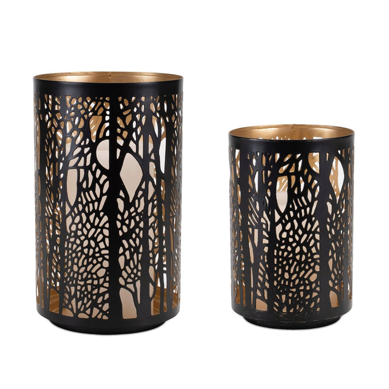 Melrose Forest Trees Punched Metal Candle Holder, Set of 2, Black/Gold