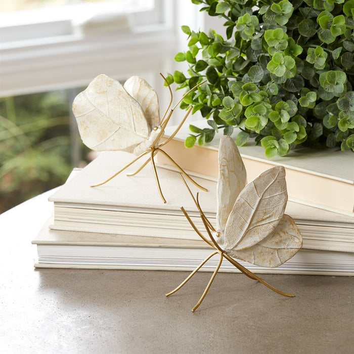 Melrose International Leaf Butterfly Shelf Sitter, Set of 2, White/Gol