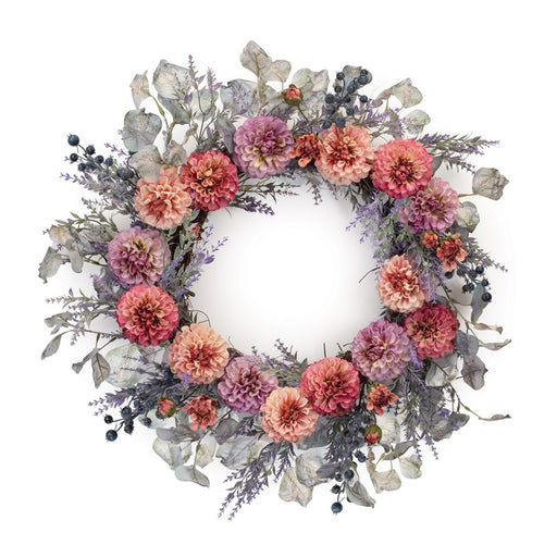 Melrose Mixed Zinnia Floral Wreath 24"D, Purple/Pink/Green