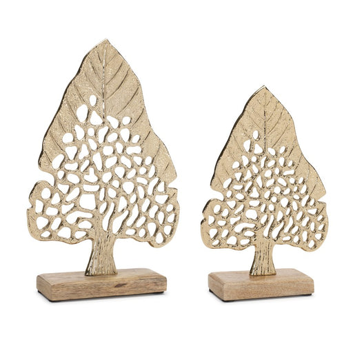 Melrose Modern Metal Leaf Tree on Wood Base, Set of 2, Gold - 92507DS