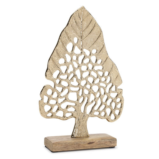 Melrose Modern Metal Leaf Tree on Wood Base, Set of 2, Gold