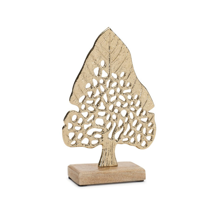 Melrose Modern Metal Leaf Tree on Wood Base, Set of 2, Gold