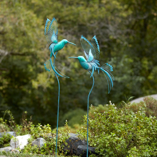 Melrose Iron Metal Hummingbird Garden Stake, Set of 2, Blue/Green